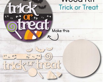 WOOD KIT / Trick or Treat Door hanger kit / craft gift idea / Laser cut halloween sign kit / paintable kit