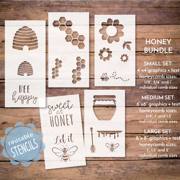 honey bee stencil, sweet as honey, reusable stencil, mylar stencil, honeycomb stencil, hive stencil, let it bee stencil, bumblebee stencil