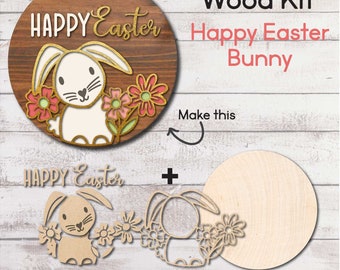 DIY WOOD KIT / Easter Bunny Flowers / Door hanger kit / Craft gift idea / laser cut mdf door hanger kit