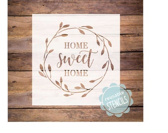 home sweet home stencil, wreath stencil, reusable stencil, mylar stencil for painting, home stencil, leaf stencil, vine stencil, home wreath