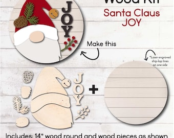 DIY WOOD KIT / Santa Gnome Door hanger kit / Christmas craft gift idea / laser cut santa claus kit / wood cut out of joy and holly