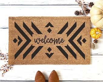 boho welcome stencil, reusable stencil, DIY door mat stencil,  coco door mat stencil, mylar stencil, welcome stencil, tribal pattern stencil