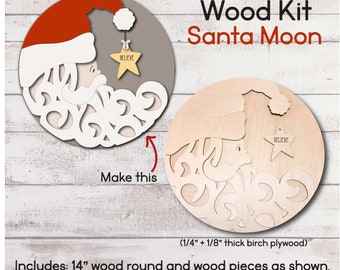 DIY WOOD KIT / Old Santa Moon Door hanger kit / Christmas craft gift idea / Laser cut Believe star / santa beard moon shape
