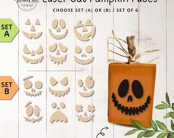 PUMPKIN Faces 6 pack WOOD Cut-Outs / Set (A) or (B) / DIY jack-o-lantern faces / Easy craft idea for kids / halloween wood cut outs