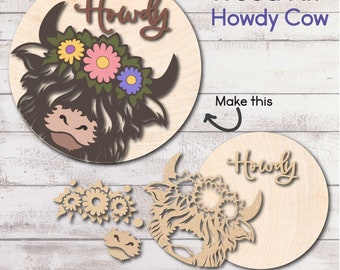 DIY WOOD KIT / Howdy Cow Door Hanger Kit / Highland cow with flower crown / Paintable craft kit