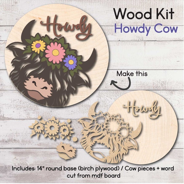 DIY WOOD KIT / Howdy Cow Door Hanger Kit / Highland cow with flower crown / Paintable craft kit