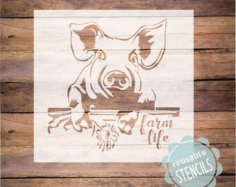 Farm life stencil, pig stencil, reusable stencil, stencil for painting, pig flower stencil, farm pig, daisy pig stencil, pig