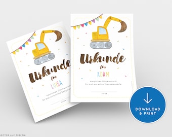 Bagger Urkunde Kindergeburtstag, personalisierbar - PDF Download zum sofortigen Verwenden