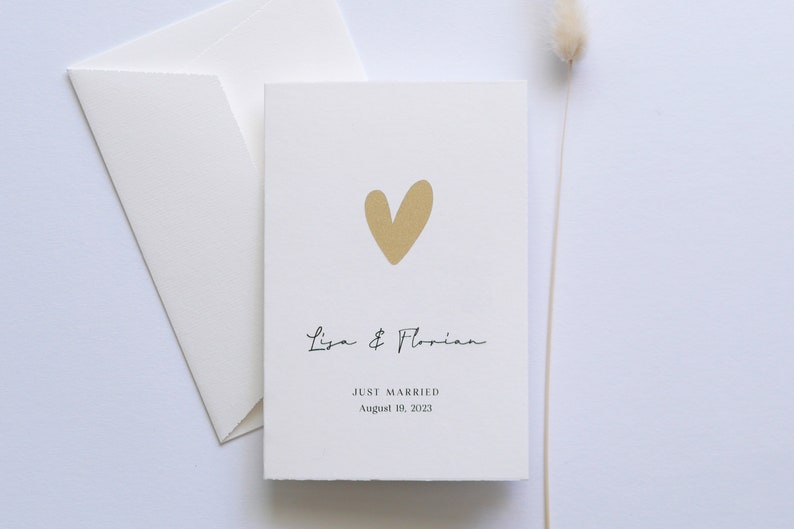 Just Married - Personalisierte Karte zur Hochzeit - Veredelt mit Herz und individuellem Text Gold