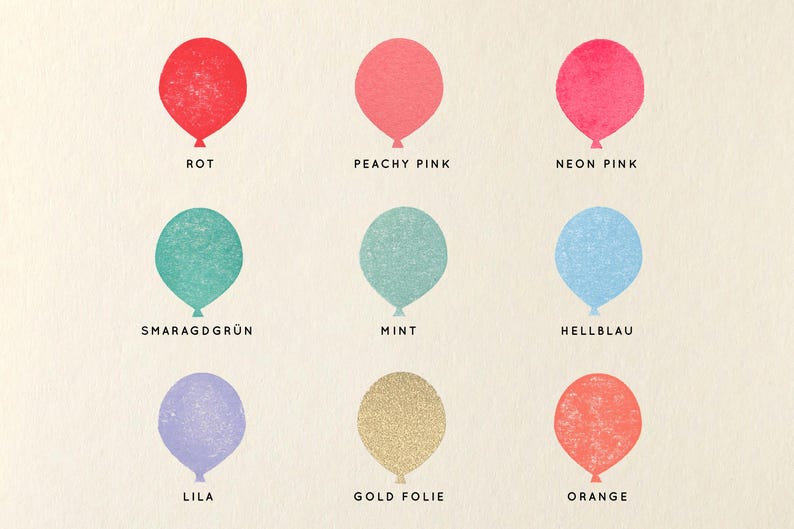 May include: Nine different colored balloons with German text labels below each balloon. The balloons are red, peachy pink, neon pink, emerald green, mint green, light blue, lilac, gold foil, and orange.