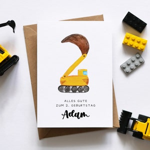 Bagger-Karte zum 2. Geburtstag mit Namen - personalizado e individual - Baustelle, Radlader, zwei Jahre alt