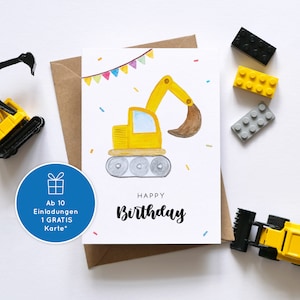 May include: A yellow excavator birthday card featuring a watercolour illustration of a yellow excavator with a brown scoop. The card has a white background with colourful confetti and a banner of flags. The text "Happy Birthday" is written in black cursive.