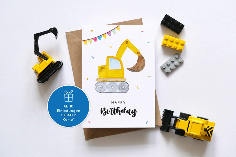 May include: A yellow excavator birthday card featuring a watercolour illustration of a yellow excavator with a brown scoop. The card has a white background with colourful confetti and a banner of flags. The text "Happy Birthday" is written in black cursive.