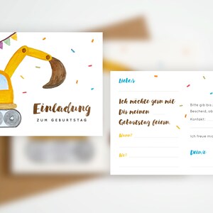 May include: A yellow excavator with a brown scoop is on a white card with the text "Einladung zum Geburtstag". The card is decorated with colourful confetti and a string of flags.