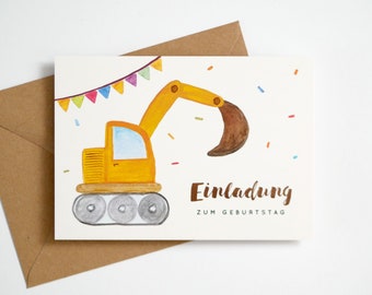 Einladung Bagger Geburtstag - Kindergeburtstag, Einladungskarte, Geburtstagseinladung