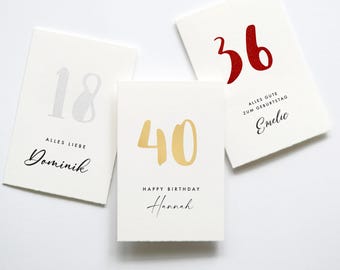 Personalisierte Geburtstagskarte mit Zahl und Name - Happy Birthday Karte, Herzlichen Glückwunsch, Alles Liebe, Gold, Silber, Rot