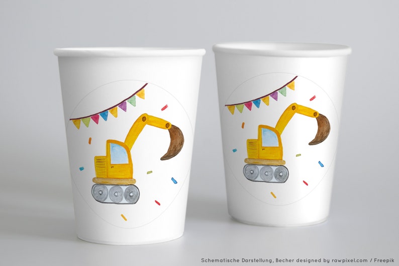 May include: Two white paper cups featuring a yellow excavator design. The excavator is on a white circle with colourful flags and confetti.