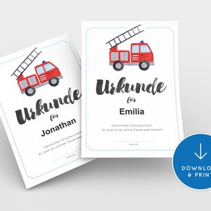 Feuerwehrkunde Urkunde Kindergeburtstag, personalisierbar - PDF-Download zum sofortigen Verwenden