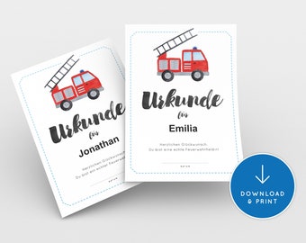 Feuerwehr Urkunde Kindergeburtstag, personalisierbar - PDF Download zum sofortigen Verwenden