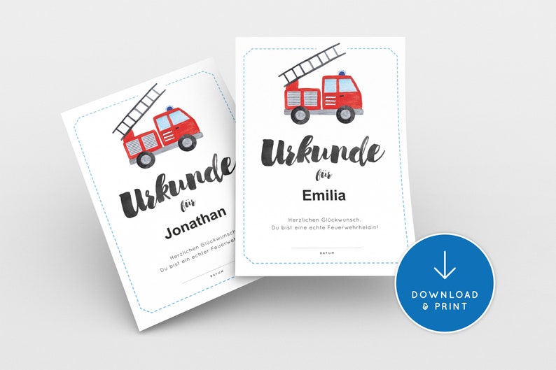 K&ouml;nnte beinhalten: Zwei druckbare Urkunden mit einer roten Feuerwehrwagen-Illustration. Der Text auf den Urkunden lautet "Urkunde fur" gefolgt von einem Namen. Der Text unter dem Namen lautet "Herzlichen Gl&uuml;ckwunsch. Du bist ein echter Feuerwehr..."
