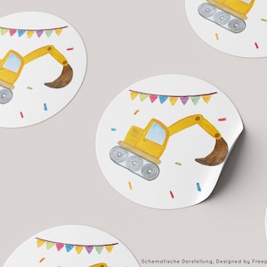 May include: Yellow construction vehicle with a brown scoop, driving on a white background with colorful flags and confetti.