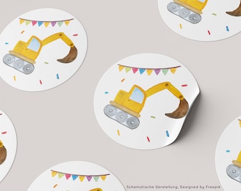 Bagger Aufkleber für Kindergeburtstag - Gastgeschenk-Tüte, Dekoration, Cake Topper - Baustellen Kindergeburtstag