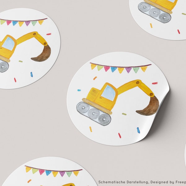 Bagger Aufkleber für Kindergeburtstag - Gastgeschenk-Tüte, Decoración, Cake Topper - Baustellen Kindergeburtstag