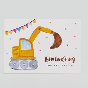 May include: A yellow toy digger with a brown scoop is on a white card with colourful confetti and a banner. The card says "Einladung zum Geburtstag" which is German for "Invitation to Birthday".
