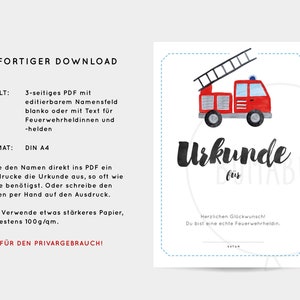 Feuerwehr Urkunde Kindergeburtstag, personalisierbar PDF Download zum sofortigen Verwenden image 3