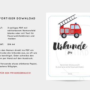 K&ouml;nnte beinhalten: Druckbare Urkunde mit einer Aquarell-Illustration eines roten Feuerwehrautos mit einer Leiter. Der Text lautet "Urkunde f&uuml;r" und "Herzlichen Gl&uuml;ckwunsch! Du bist eine echte Feuerwehrheldin."