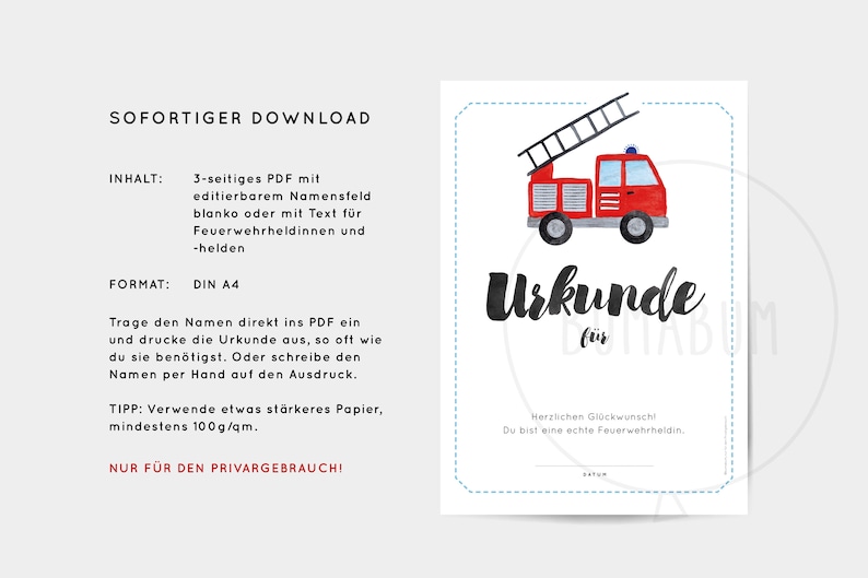 K&ouml;nnte beinhalten: Druckbare Urkunde mit einer Aquarell-Illustration eines roten Feuerwehrautos mit einer Leiter. Der Text lautet "Urkunde f&uuml;r" und "Herzlichen Gl&uuml;ckwunsch! Du bist eine echte Feuerwehrheldin."