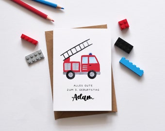 Feuerwehr Karte zum Geburtstag - personalisiert und handgemalt mit Aquarell - Tatü tata, Feuerwehr Party, Kindergeburtstag
