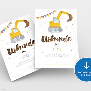 May include: A printable certificate featuring a yellow excavator illustration and colourful confetti. The text reads "Urkunde fur [name]" and "Herzlichen Gl&uuml;ckwunsch! Du bist ein echter Baggerexperte."