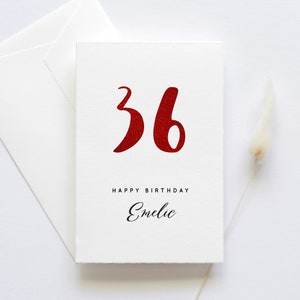 Personalisierte Geburtstagskarte mit Zahl und Name Happy Birthday Karte, Herzlichen Glückwunsch, Alles Liebe, Gold, Silber, Rot Rot