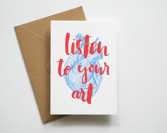 Listen to your heart - Valentinstag Karte - Riso Print Art - DIN A6 Postkarte, Risograph, Love Love Love