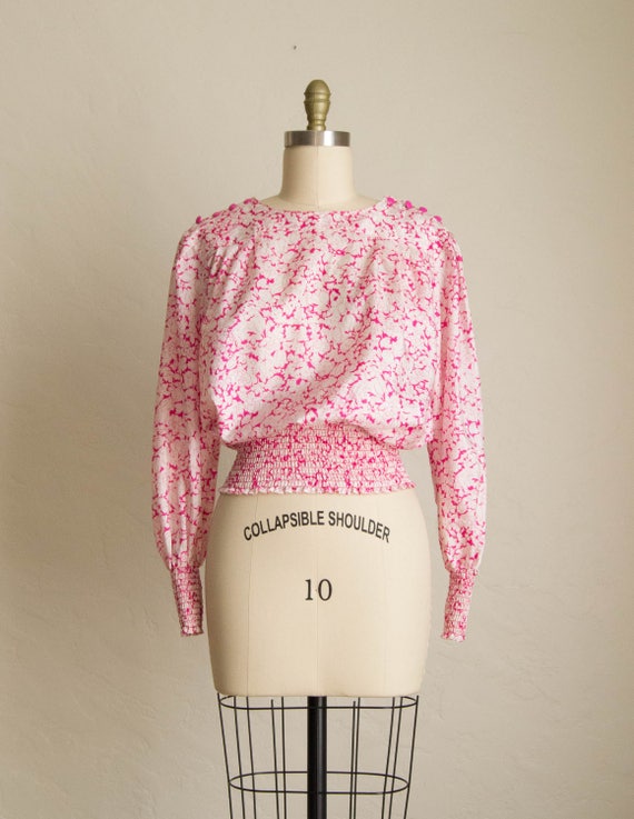 80's Bright Pink & White Floral Long Sleeve Blouse