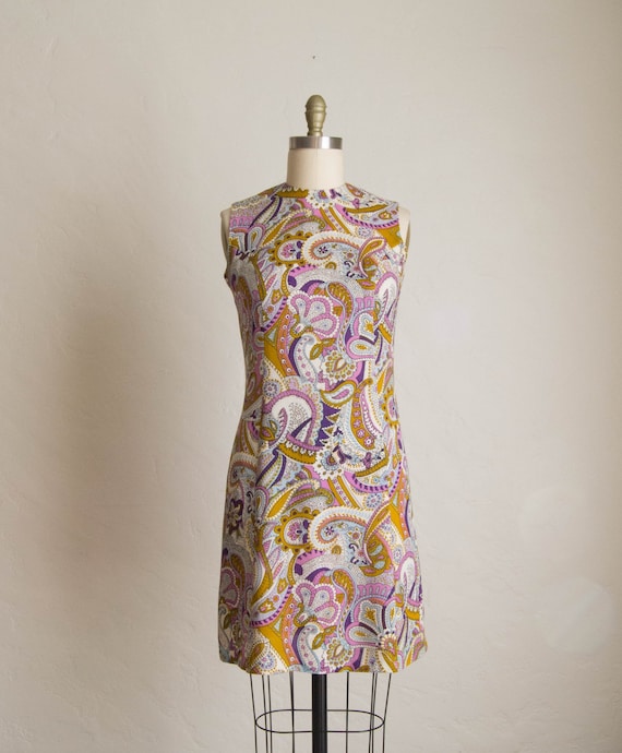 60's Purple & Brown Paisley Print Shift Dress