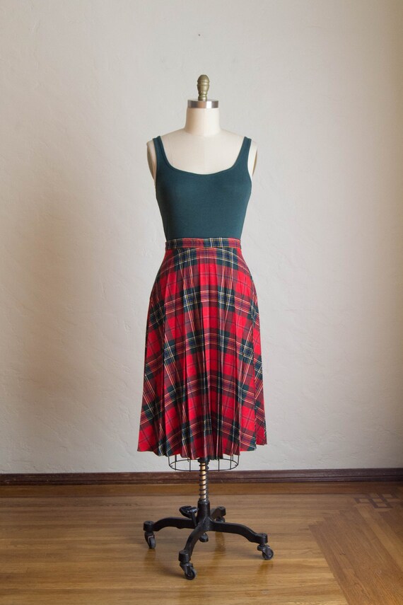 Vintage Pleated Plaid Skirt/ Red & Green Pleated S