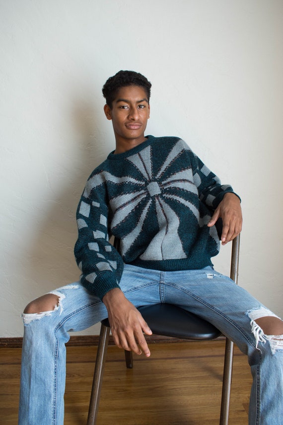 Vintage Teal & Blue Knit Sweater/ Cool Knit Sweat