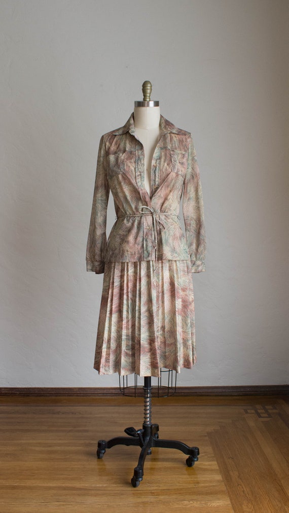 1970’s 3 Piece Skirt Set/ Abstract Floral Print Su