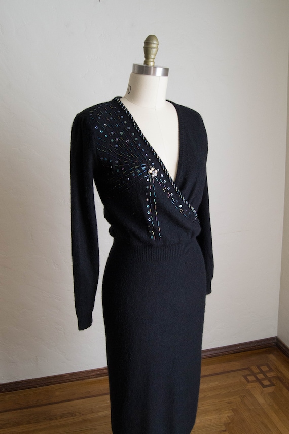 Vintage 80’s Black Knit Dress/ Vintage Beaded Knit