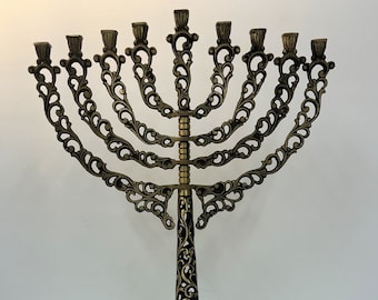 Beautifully Engraved Brass Menorah Made by Oppenheim in Israel