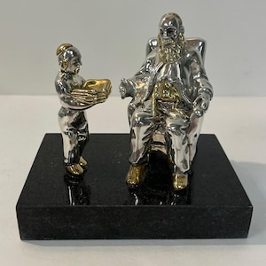 Ben Zion Judaica Sculpture – Child Giving Prayer Book to Seated Rabbi – Electroform Silver & Gold Color Figurine on Marble Base