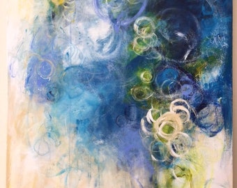 May include: Abstract painting with swirling blue, green, and white paint. The background is a light beige color.