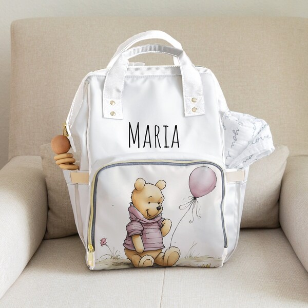 Winnie the Pooh Personalized Diaper Bag Girl Pooh Multifunctional Diaper Backpack Set Winnie the Pooh Nursery Personalized Blanket for Girl