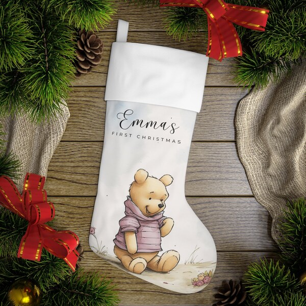 Personalized Stocking Baby Girl Christmas Stocking Classic Pooh Bear Stocking with Name Custom Gift Sock for First Christmas Gift Baby Boy