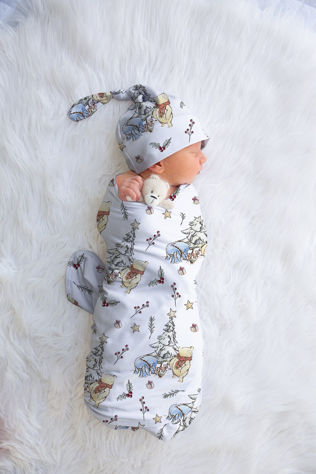 Christmas Swaddle Set With Bow and Hat Newborn Coming Home Outfit Set