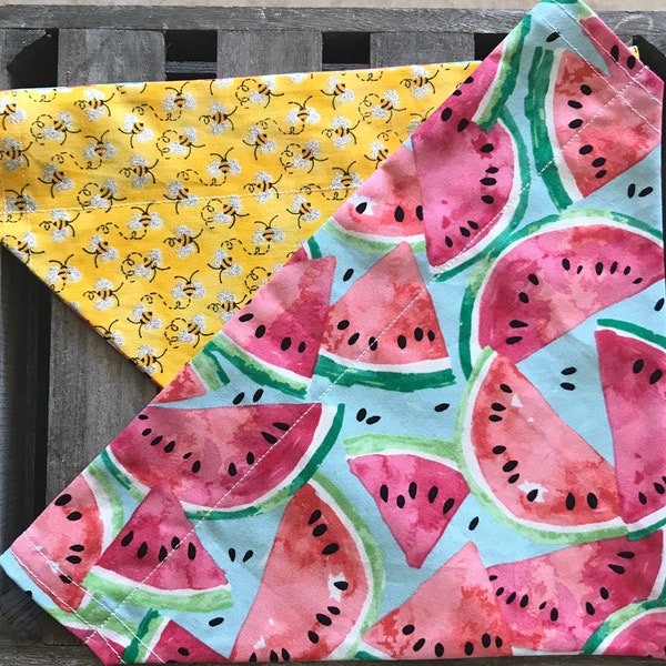Watermelon dog bandana, bee dog bandana, summer, reversible, over collar,Bumble bee, fruit dog bandana