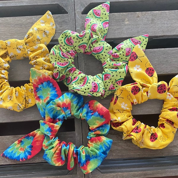 Bee, Ladybug, Tie Dye, Watermelon knotted bow hair scrunchies, Summer knotted bow hair scrunchie