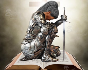 Female Personalised Quotation Armor Of God Praying Kneeling Knight Over Bible Digital Download, Put On Full Armor, Ephesians 6-10